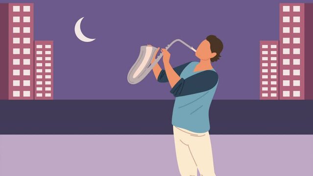 male musician playing saxo on the city