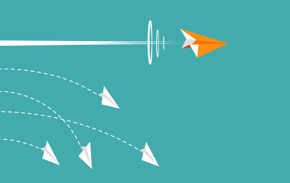 Orange paper plane leader fly supersonic speed on the blue sky. Vector illustration flat design for poster, banner, presentation, and background.