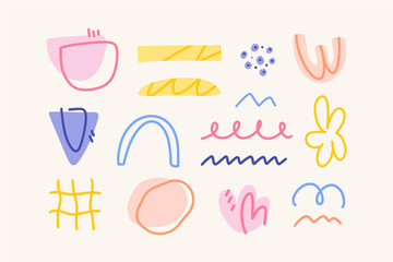 Colorful set of various hand drawn abstract shapes, strokes and doodles. Modern design elements. Vector texture. 