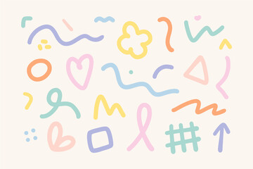 Colorful set of various hand drawn abstract shapes, strokes and doodles. Childish cute drawing. Modern design elements. Vector texture. 