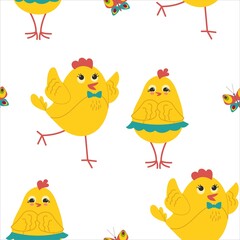 Cute yellow chicks in different poses seamless pattern, birds and flowers, butterflies. Vector illustration.