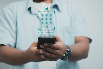 cybersecurity concept Business man shows how to protect cyber technology network from attack by hackers on the internet. Secure access to privacy through smartphones Meta protection.	