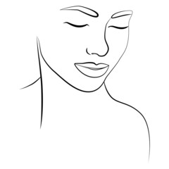 Girl. The face is a line and colored spots. Abstract poster with minimal female face. The style of drawing a single line.