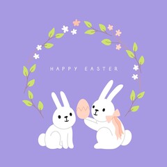 Cute white bunnies with egg. Easter greeting card.