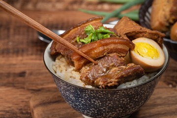 Braised pork belly over cooked rice, famous and delicious street food in Taiwan.