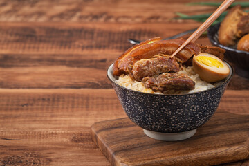 Braised pork belly over cooked rice, famous and delicious street food in Taiwan.