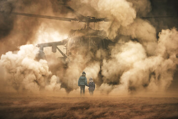 Two homeless little girl walking to helicopter between dust and storm 
