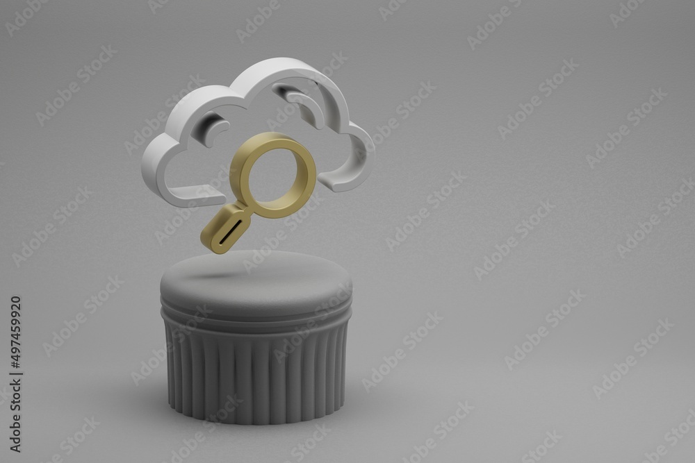 Fototapete Beautiful abstract illustrations Cloud Search symbol icons on a column stand and wonderful background. 3d rendering illustration. Background pattern for design. Web Hosting