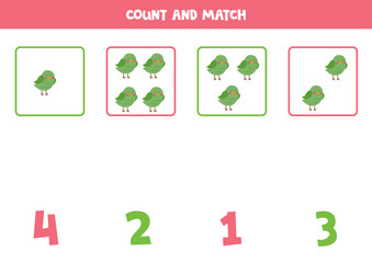Counting game for kids. Count all birds and match with numbers. Worksheet for children.