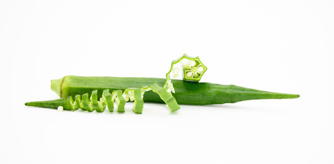 whole and slice okra, Lady's Finger, Bhindi isolated on white.