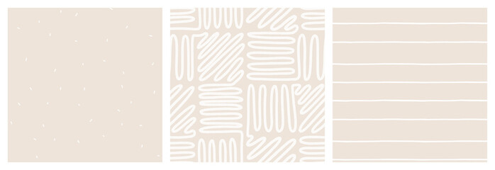 Neutral beige low contrast seamless pattern set with maze, dot and stripe vector designs.