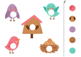 Cut and glue game for kids. Cute bird and nest.