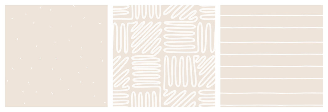 Neutral beige low contrast seamless pattern set with maze, dot and stripe vector designs.
