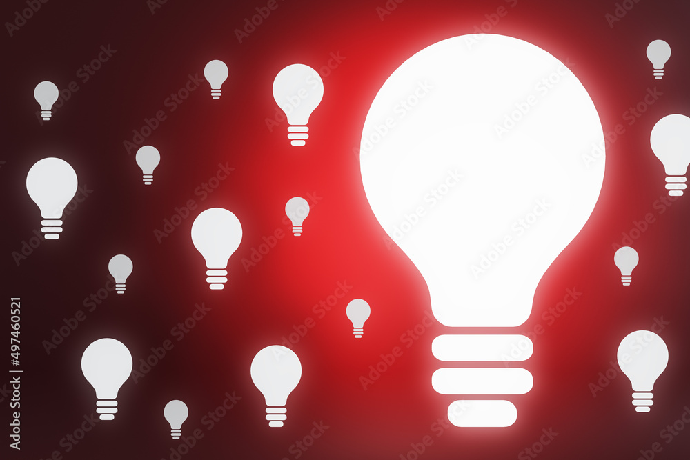 Poster Creative light bulb on red background with bright mock up place. Idea and success concept. 3D Rendering.