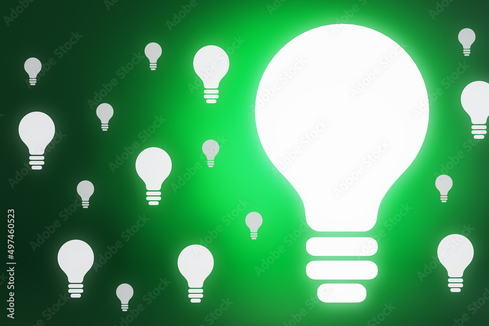 Aufkleber Abstract light bulb on green background with bright mock up place. Idea and success concept. 3D Rendering.