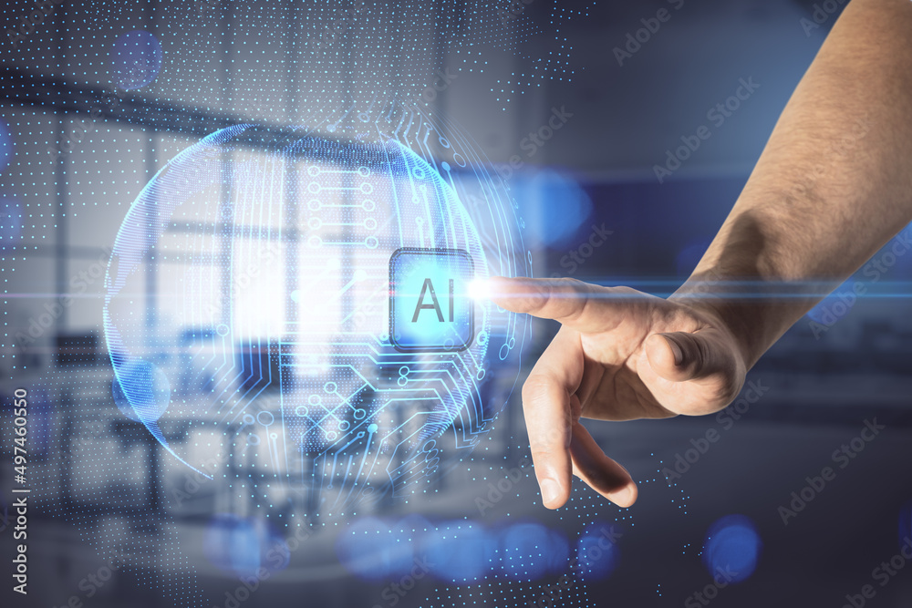 Aufkleber close up of businessman hand pointing at abstract glowing ai sphere on blurry office interior backgr