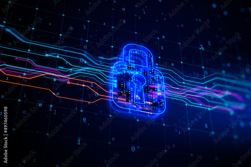 Poster creative glowing digital padlock hologram on dark blue background. secure and safety concept. 3d ren