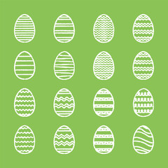 Ornament Easter eggs set. White eggs with stripes, waves and zigzags on green background. Hand drawn vector elements for Easter design