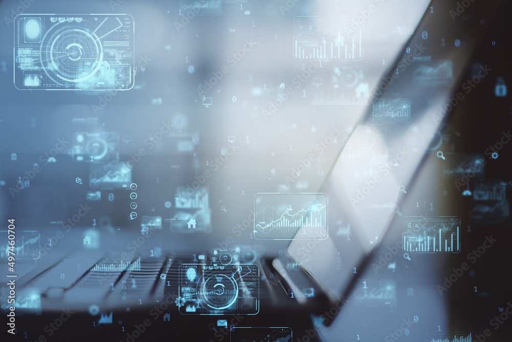 Aufkleber close up of laptop with abstract creative business charts and binary code hologram on blurry backgro