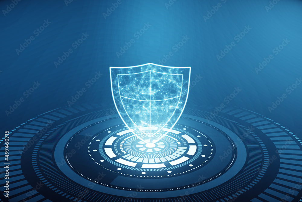 Poster Close up of glowing polygonal shield on blue background. Secure and safety concept. 3D Rendering.