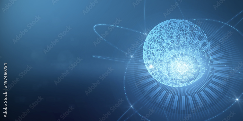 Poster glowing polygonal sphere hologram on blue background with mock up place. metaverse and future concep
