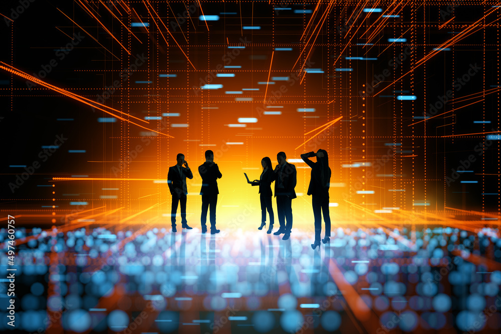 Aufkleber backlit businesspeople standing in abstract blurry metaverse. meta, teamwork and cyberspace concept.