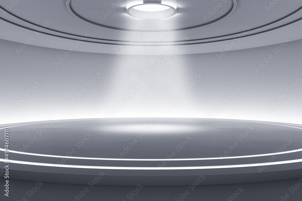 Aufkleber abstract light round pedestal interior with spotlight and mock up place. 3d rendering.
