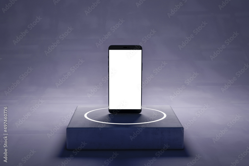 Leinwandbilder close up of blank white cellphone on concrete pedestal. technology and device presentation concept. 