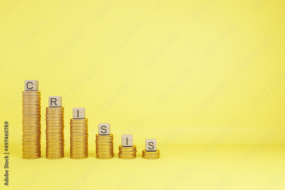 Poster Decreasing coin stacks with letter blocks on yellow background with mock up place. Crisis, finance and money concept. 3D Rendering.