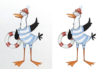 Сute seagull sailor in striped shirt with lifebuoy, character watercolor illustration