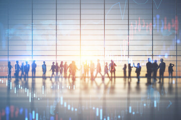 Backlit crowd of businessmen working together in bright office interior with sunlight and glowing business chart hologram. Teamwork, finance, forex and corporate workplace concept. Double exposure.