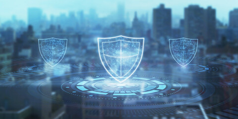 Close up of glowing polygonal shield on blurry blue city backdrop. Secure and safety concept....
