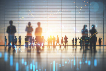 Backlit crowd of businesspeople working together in bright office interior with sunlight and glowing business chart hologram. Teamwork, finance, forex and corporate workplace concept. Double exposure.