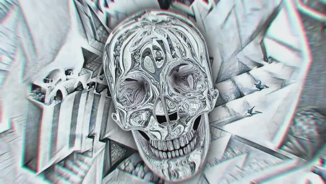 Seamless animation of metallic skull. Psychedelic virtual world metaverse with NFT video art concept