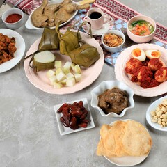 Ketupat Lebaran. Traditional Celebratory Dish of Rice Cake or Ketupat with Various Side Dishes