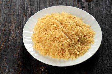 Plain Biryani on White Plate, Delicious Plain Kuska, Made with Basmati Rice