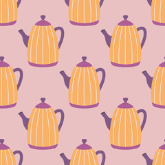 Orange teapot with stripes for tea or coffee, vector seamless pattern