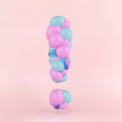 Exclamation mark.made of pastel colorful balloons. Nicely asked questions bring a positive answer. Flat lay on pastel pink background.