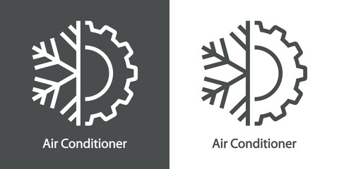 Reparación y servicio de aire acondicionado. Logo con texto Air Conditioner con copo de nieve y rueda dentada con líneas en fondo gris y fondo blanco