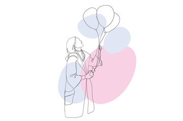 Stylish young girl continuous line drawing concept. Woman in fashionable clothes stands and holds balloons, birthday party or holiday symbol. Vector illustration in outline hand drawn design for web