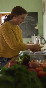 Vertical video of caucasian woman washing carrots in country kitchen