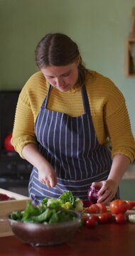Vertical video of caucasian woman chopping vegetables in country kitchen