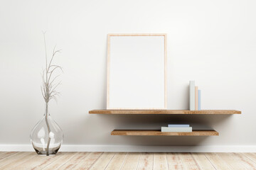 Wooden frame standing on rustic wooden shelf, pastel colored books, dried plant into a glass jug on floor, in bright interior living-room.3d render