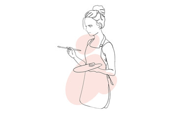 Artist with paints and palette continuous line drawing concept. Young girl doing hobby. Professional painter making artwork in art studio. Vector illustration in outline hand drawn design for web