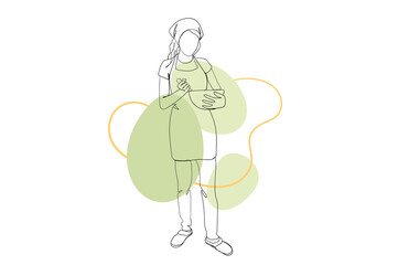 Woman preparing dinner continuous line drawing concept. Young girl in apron making meal in bowl and stands, cheaf cooks in home kitchen. Vector illustration in outline hand drawn design for web