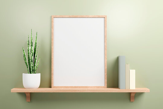 Small vertical wooden frame mockup in scandinavian style, green plant on ceramic pot and colored pastel books on a wooden shelf on green wall background. 3d illustration