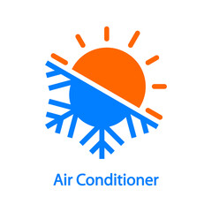 Reparación y servicio de aire acondicionado. Logo con texto Air Conditioner con copo de nieve y sol en color azul y naranja