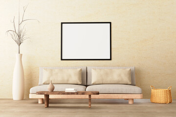 Horizontal poster mockup in neutral style interior living room with low sofa, ceramic jug, side table, wicker basket and books on empty concrete wall background. 3d illustration.