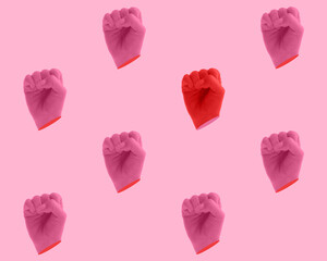 Modern art collage in pop-art style. Contemporary minimalistic artwork in neon bold colors with hands showing fists. Psychedelic design pattern.