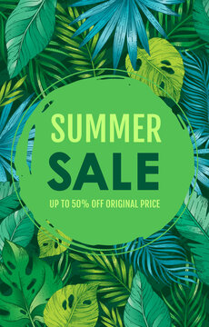 Seasonal sale banner with tropical pattern of palm tree leaves and hand drawn grunge shapes. Vector discount poster template with special offer and background of exotic plants in sketch style